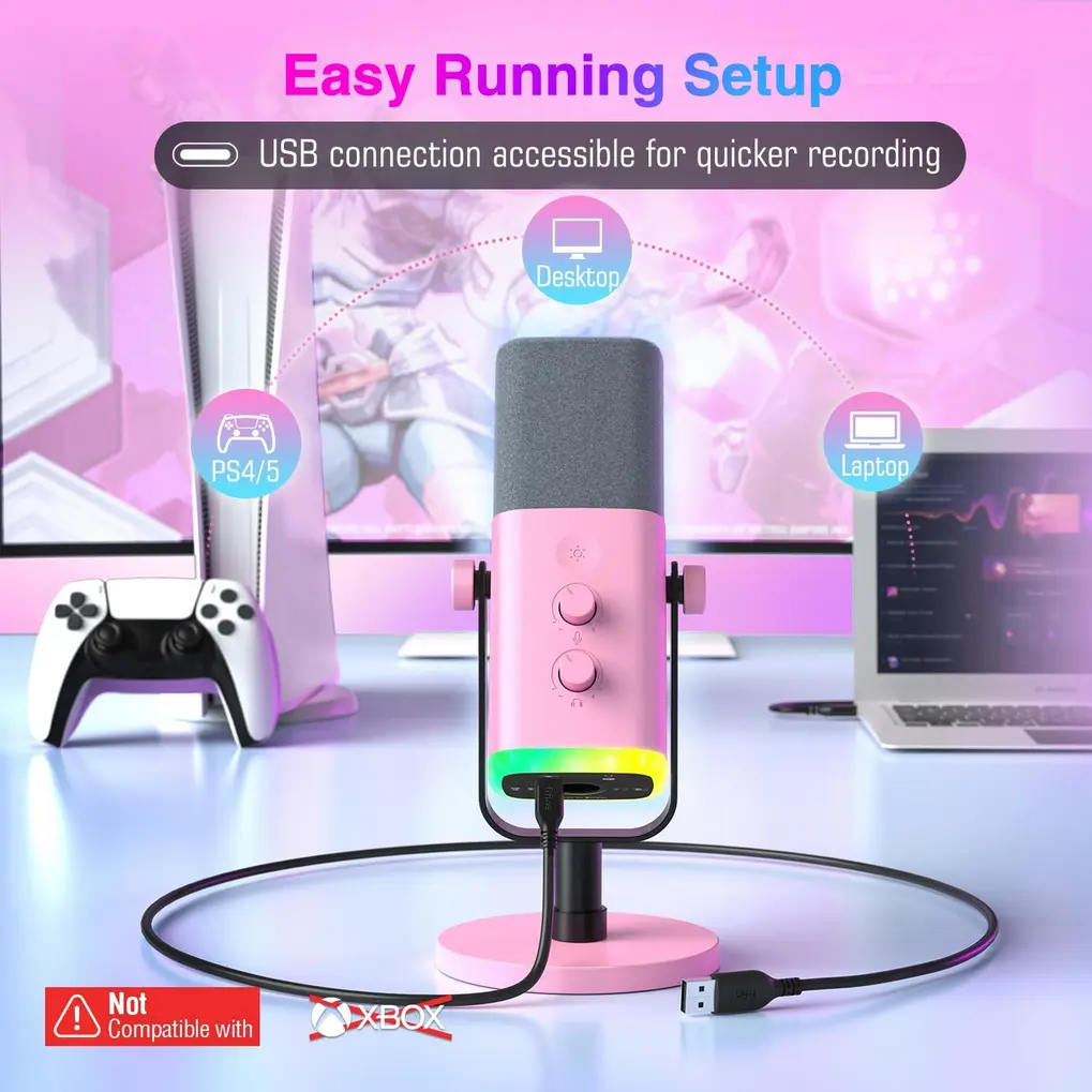 Detalhe dos controles de ganho, fone, entrada P2 e botões RGB/mute do microfone FIFINE AM8P Híbrido XLR/USB RGB Rosa.
