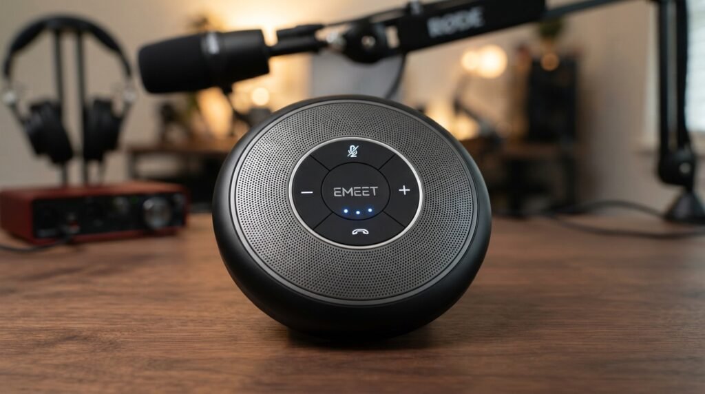 Speakerphone de conferência Emeet M1a circular sobre mesa de nogueira escura em estúdio de podcast profissional.