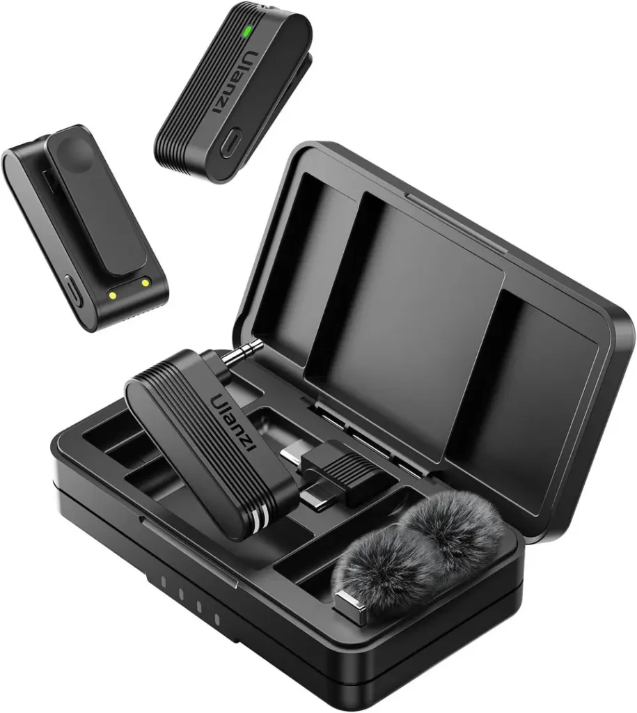 Kit do microfone de lapela sem fio ULANZI A100, incluindo case de carregamento fechado, dois transmissores e um receptor.