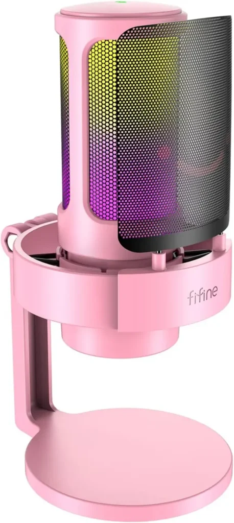 Microfone condensador USB FIFINE A8 Rosa com pop filter preto e base redonda.