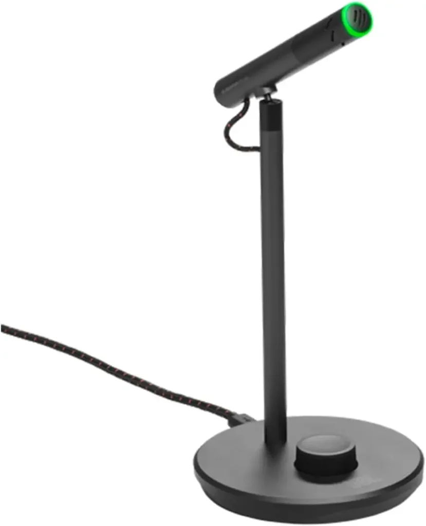 Microfone JBL Quantum Stream Talk preto com fio e base, anel LED aceso.