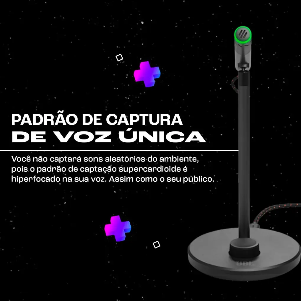 Microfone JBL Quantum Stream Talk preto em uma mesa com laptop, em uso.