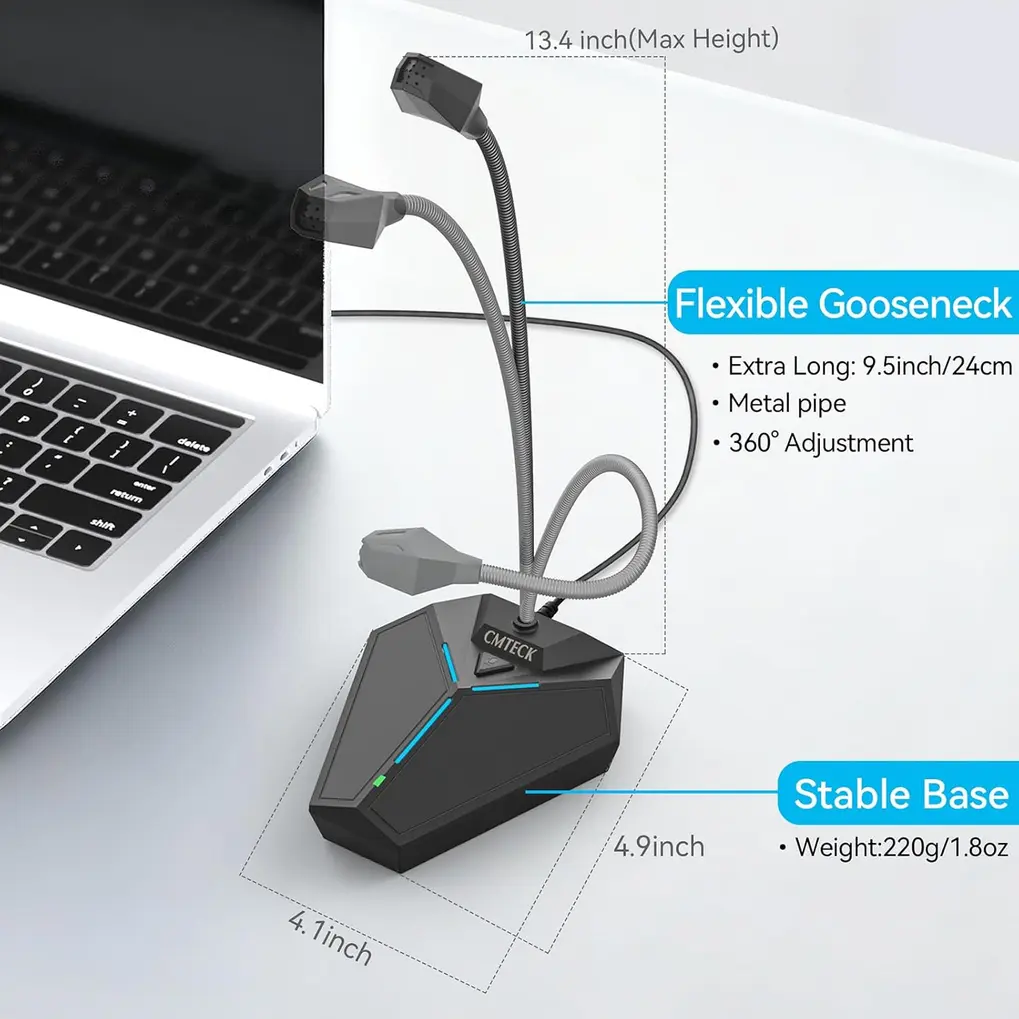 Microfone USB Omnidirecional de Mesa CMTECK em uso ao lado de um teclado e monitor de computador.