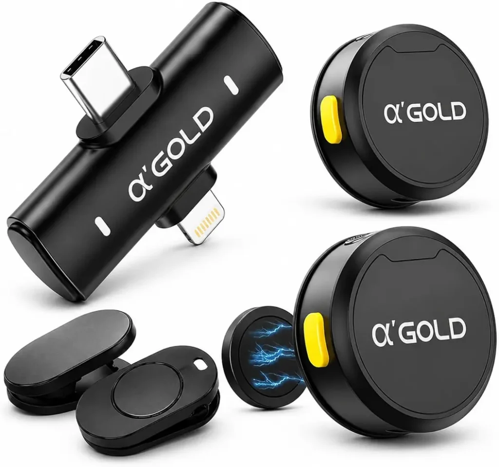 Dois microfones de lapela sem fio pretos e um receptor com conectores USB-C e Lightning