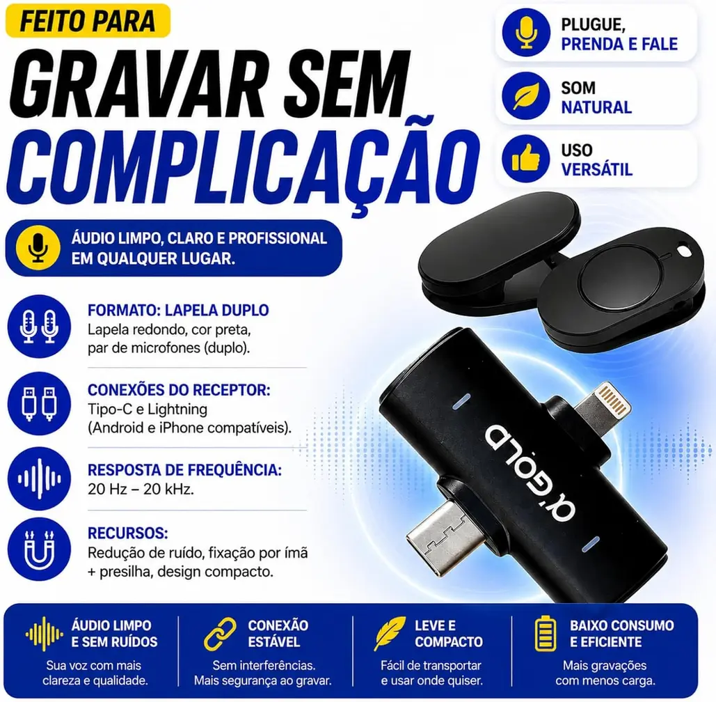 Dois microfones de lapela sem fio pretos, um receptor, um cabo USB e dois imãs de fixação