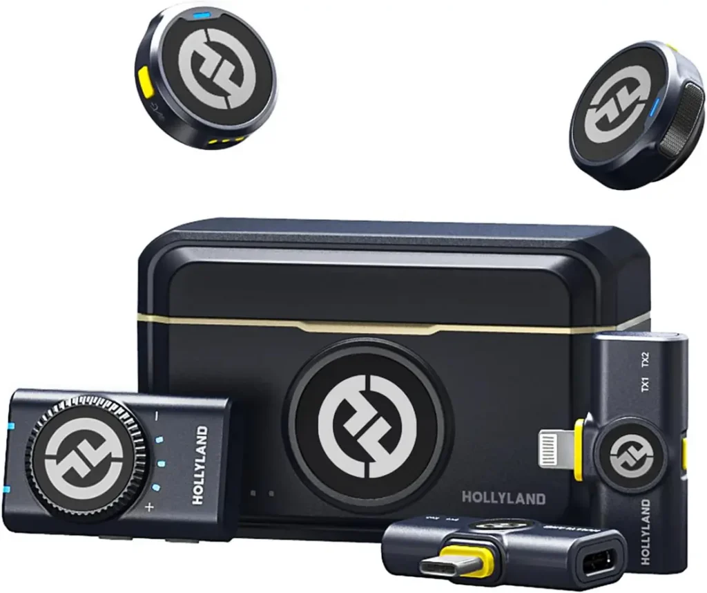 Kit completo do microfone de lapela sem fio Hollyland Lark M2 na cor preta, com estojo de carregamento, transmissores e receptores.