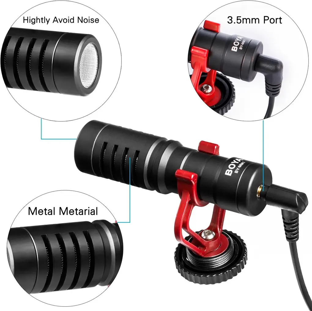 Microfone Boya BY-MM1 Shotgun preto conectado a um smartphone, em uso para gravação de vídeo.
