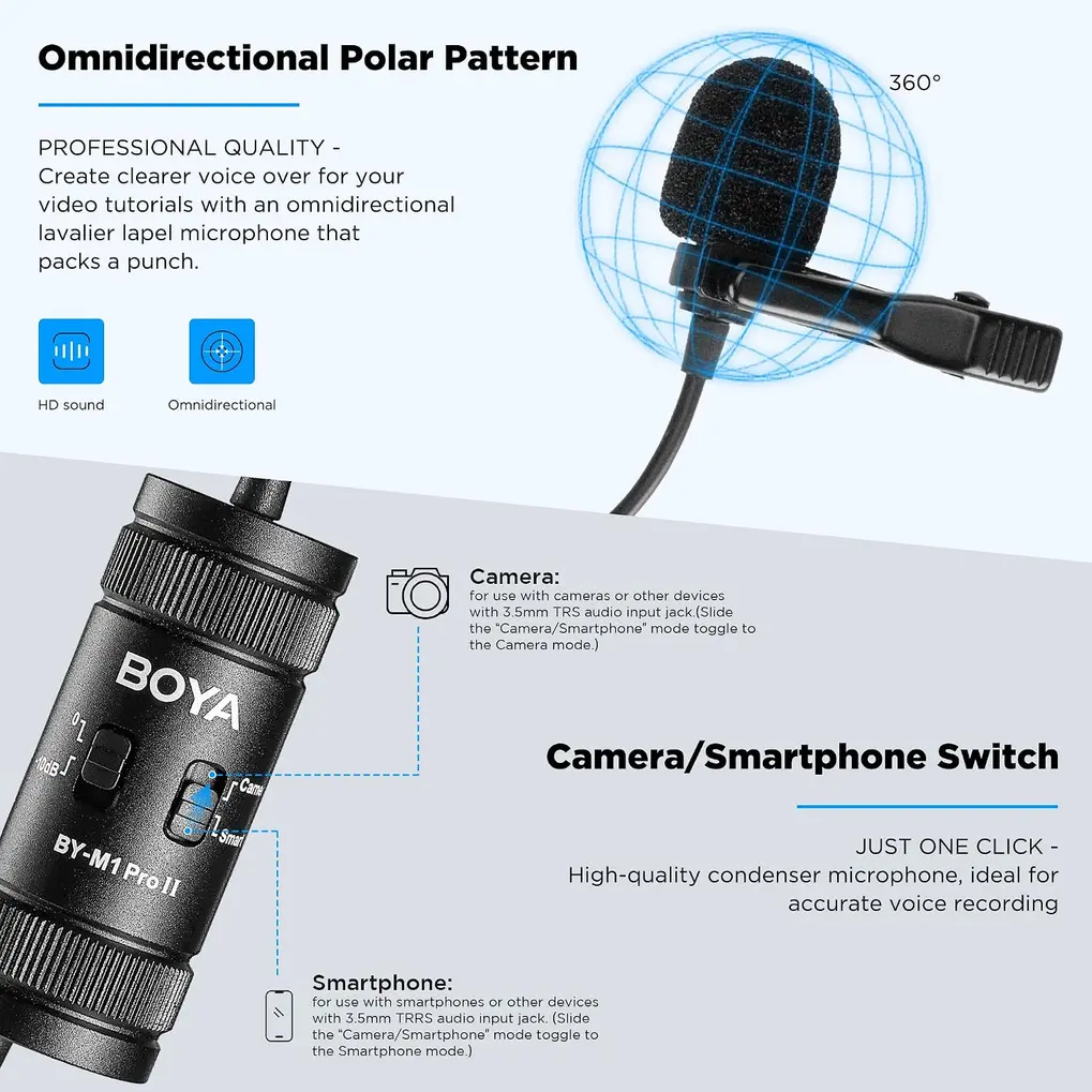Microfone de lapela BOYA M1 Pro II preto conectado a um smartphone, sendo segurado por mãos, em contexto de gravação.
