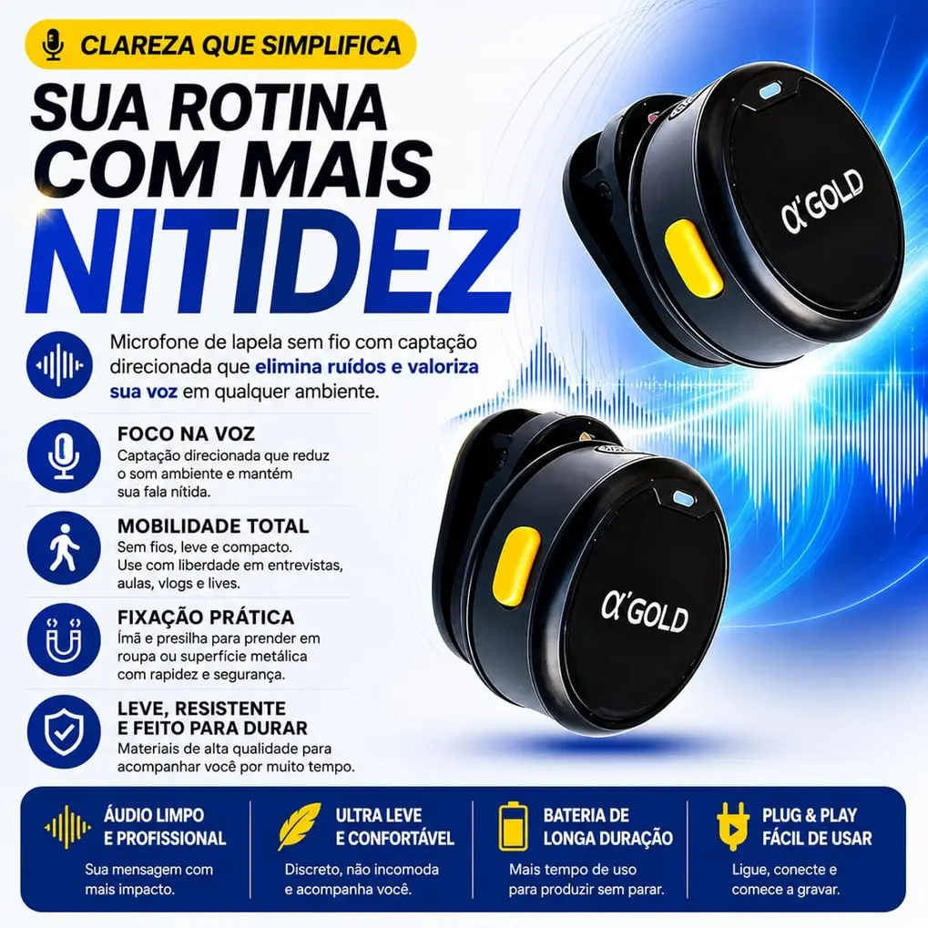 Microfone de lapela sem fio preto preso a uma camiseta cinza, com o receptor conectado a um smartphone