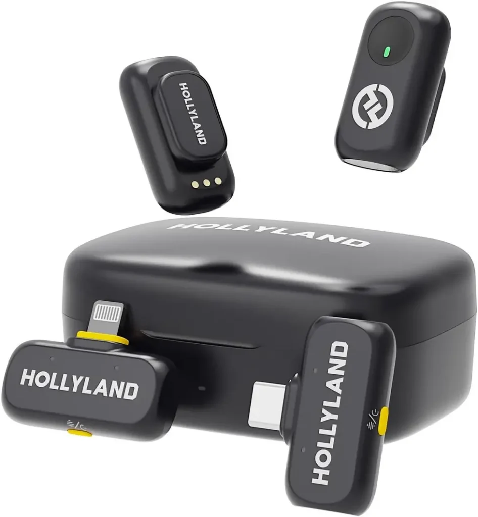 Microfone Hollyland LARK A1 Combo preto, com dois transmissores, um receptor USB-C, um receptor Lightning e o estojo de carregamento.