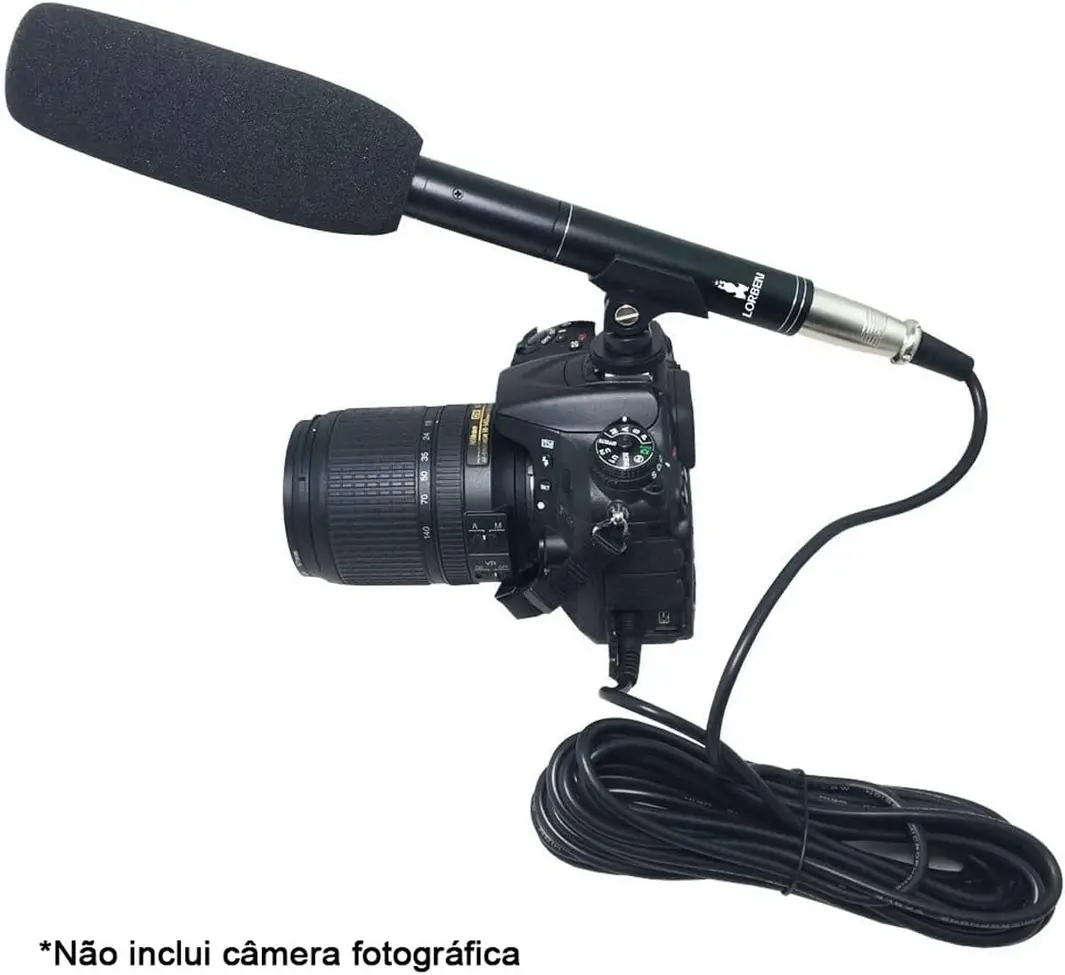 Microfone HT-81 Lorben Shotgun e seus acessórios: cabo, adaptadores e espuma