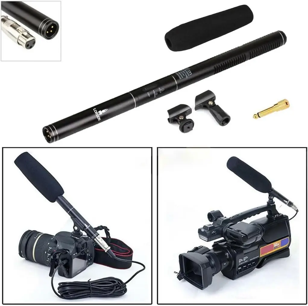 Microfone HT-81 Lorben Shotgun em um suporte, pronto para uso