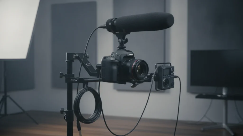Microfone HT-81 Lorben Shotgun em câmera de vídeo profissional.