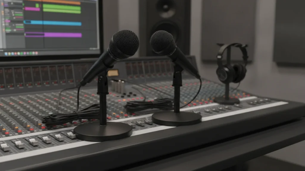 Dois microfones pretos em pedestais sobre uma mesa de mixagem de áudio.
