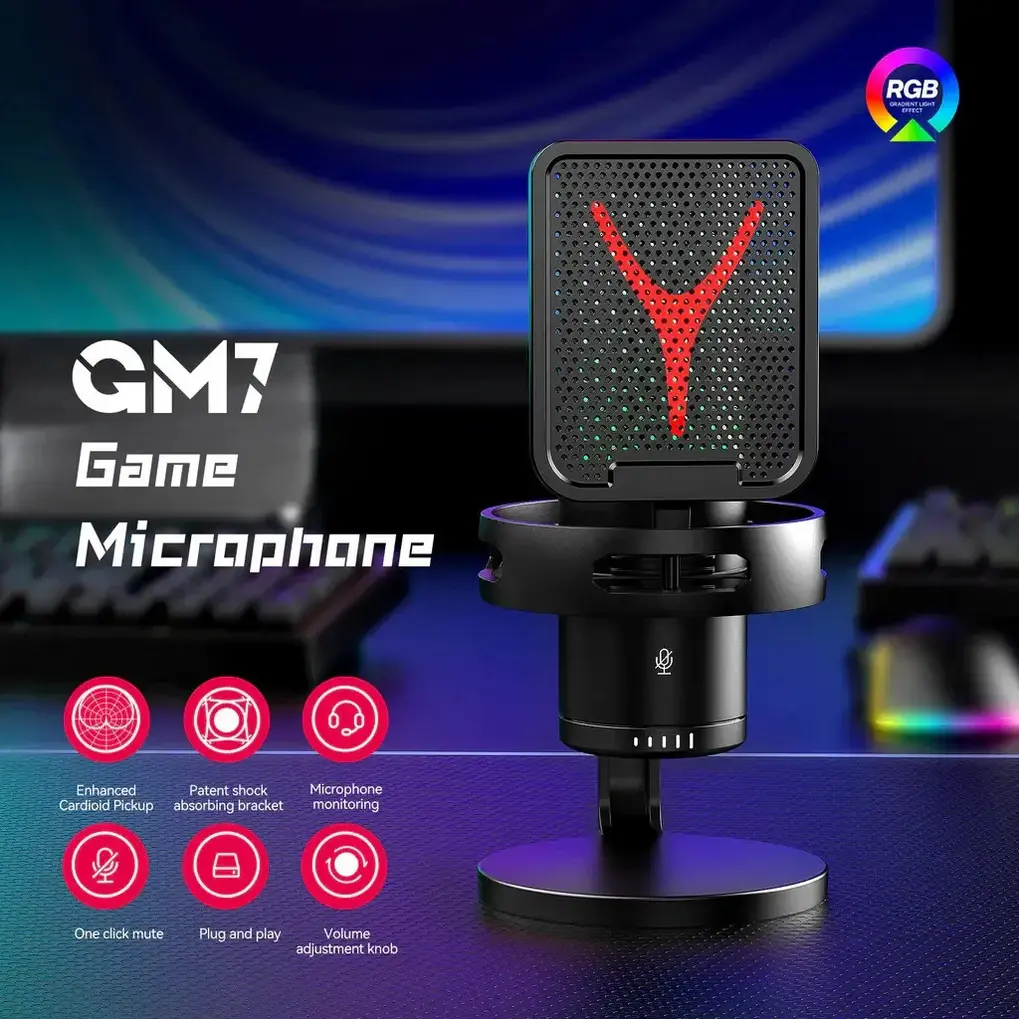 Detalhe do microfone gamer condensador cardioide RGB preto, mostrando o botão de volume e a iluminação.
