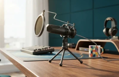 Imagem em um novo cenário gerado por IA - Microfone Streaming GXT 232 Mantis USB