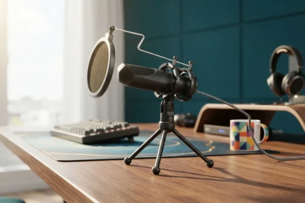 Imagem em um novo cenário gerado por IA - Microfone Streaming GXT 232 Mantis USB