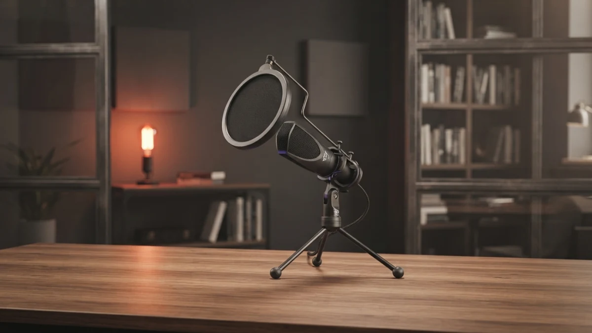 Imagem em um novo cenário gerado por IA - Microfone Streaming GXT 232 Mantis USB