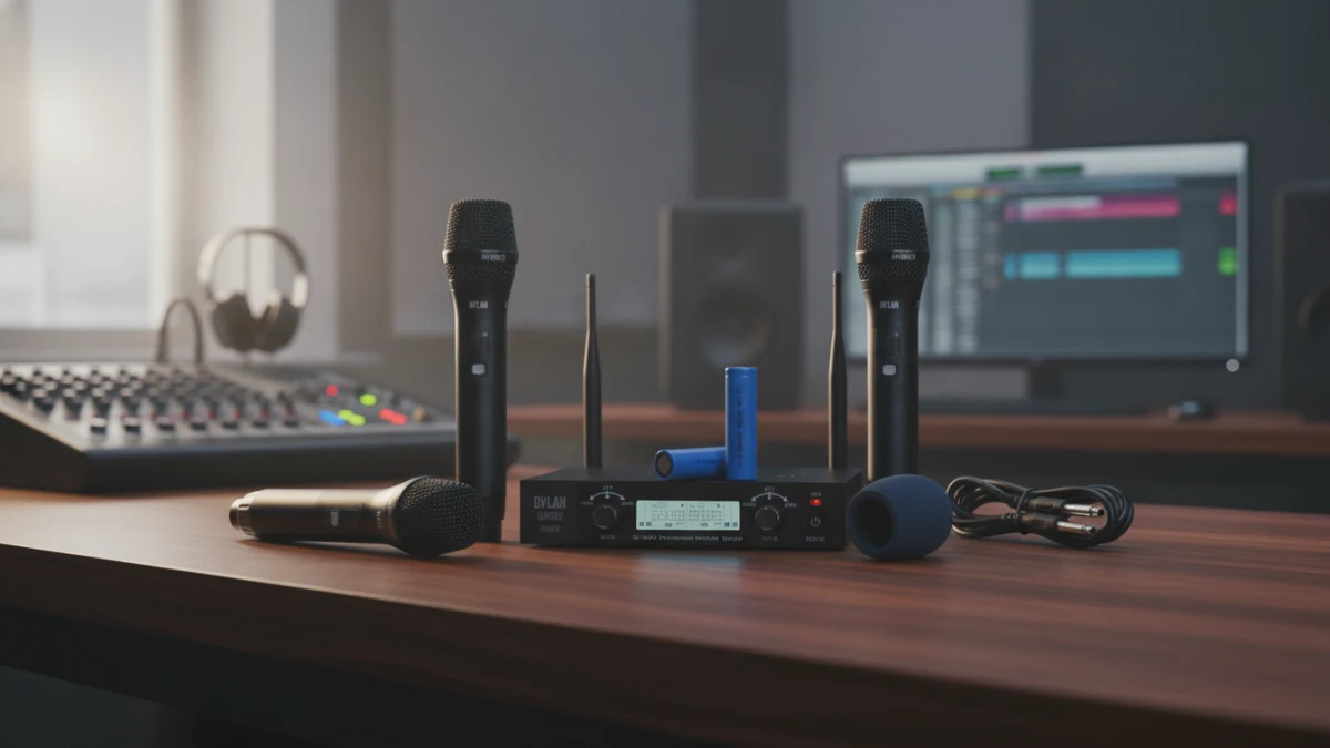 Kit de microfone DYLAM em bancada de estúdio com mixer e monitor.