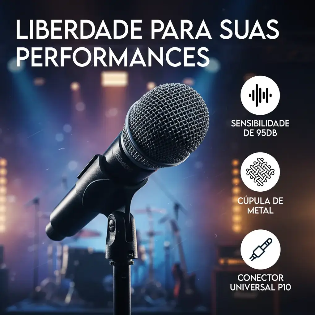 Mão segurando microfone sem fio Risemberg BM-248C preto com receptor.