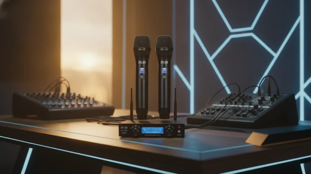 Microfone Dylan DW-902 Power em mesa de estúdio moderna com luzes neon e equipamento de som.