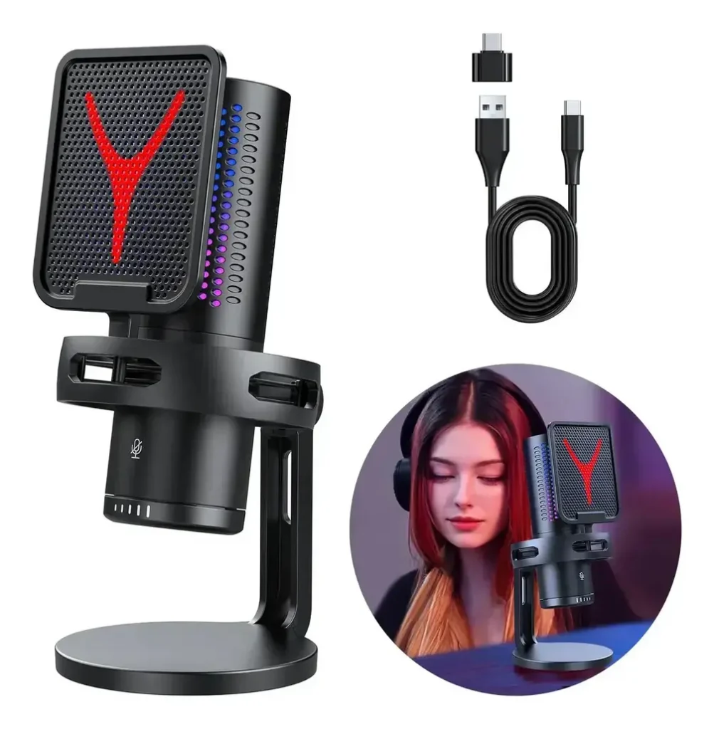Microfone gamer condensador cardioide RGB preto com pedestal em fundo branco.
