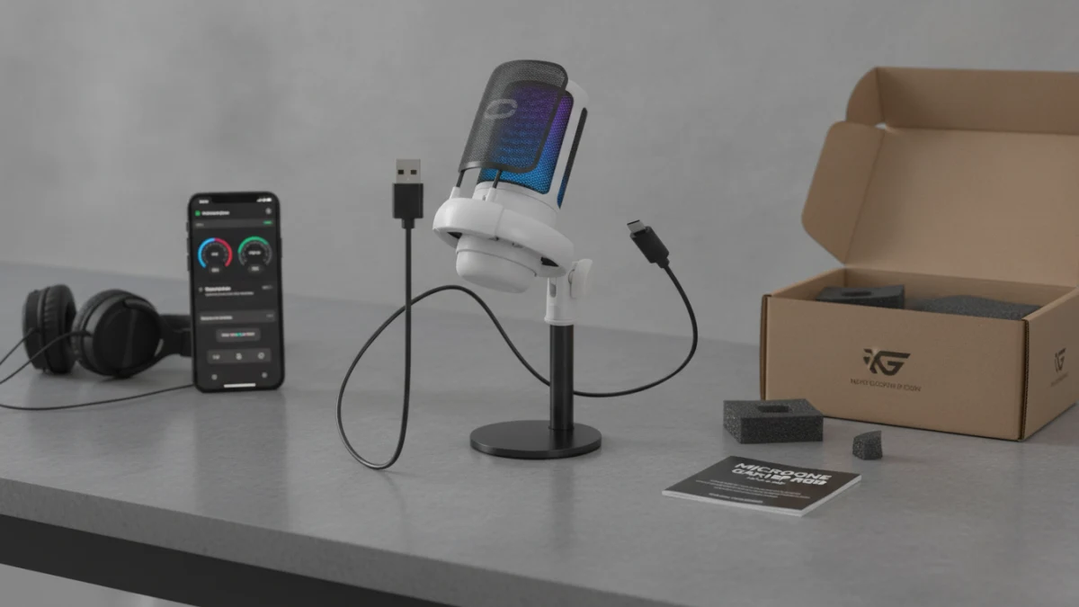 Microfone Gamer RGB em unboxing com fones e celular em uma bancada cinza.