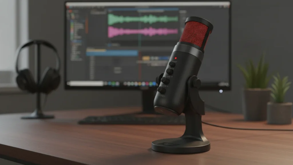 Microfone Havit GK59 em estúdio doméstico com fones de ouvido e monitor.