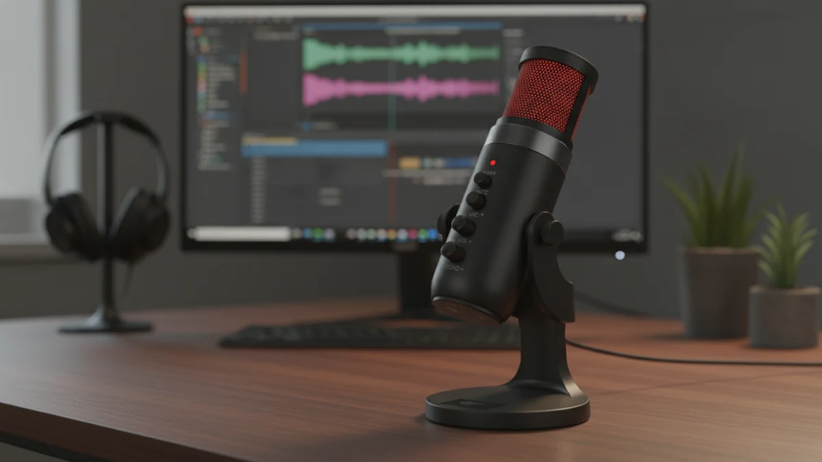 Microfone Havit GK59 em estúdio doméstico com fones de ouvido e monitor.