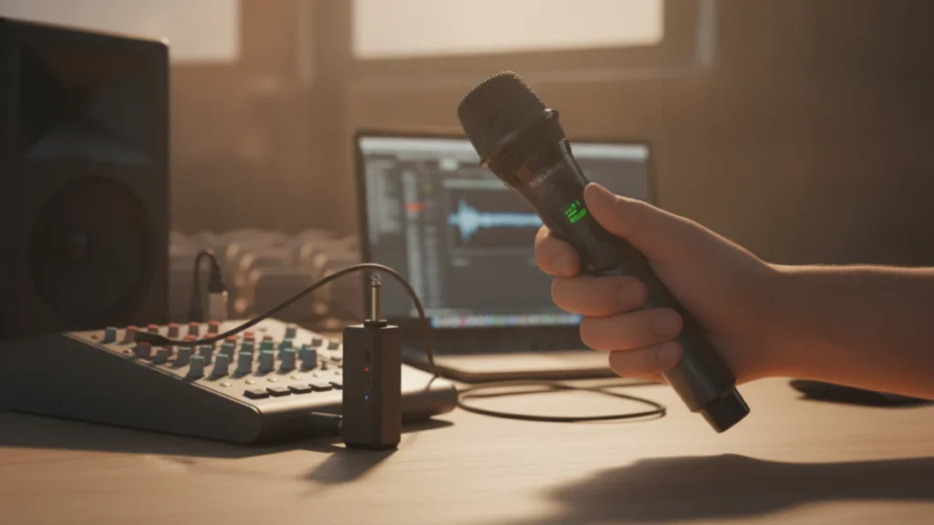 Microfone Risemberg na mão, pronto para uso em ambiente de estúdio musical.