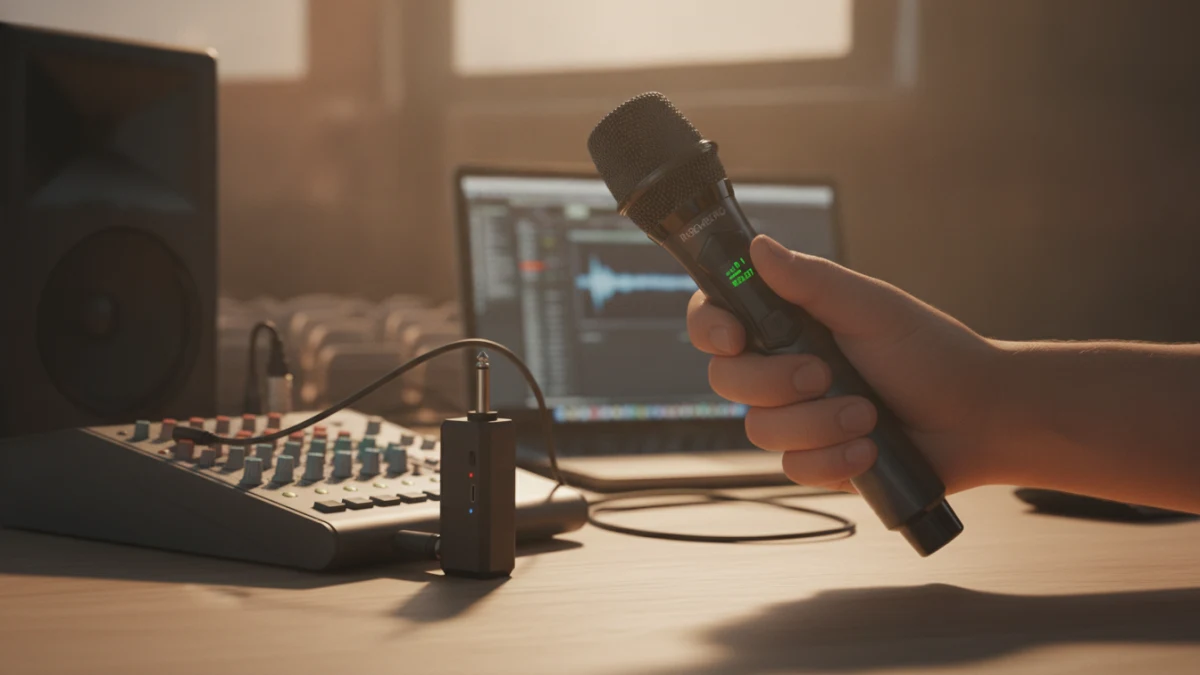 Microfone Risemberg na mão, pronto para uso em ambiente de estúdio musical.