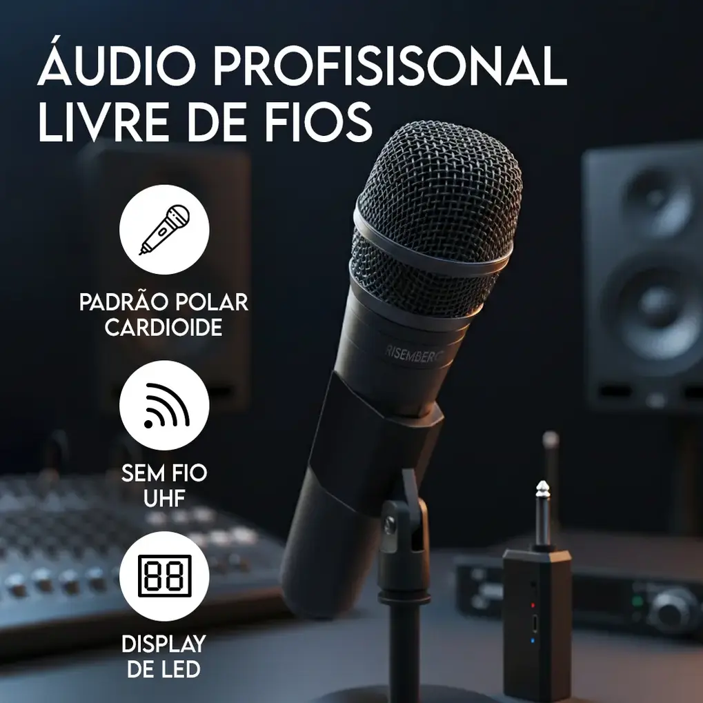 Porta de carregamento USB-C na base do microfone sem fio Risemberg BM-248C.