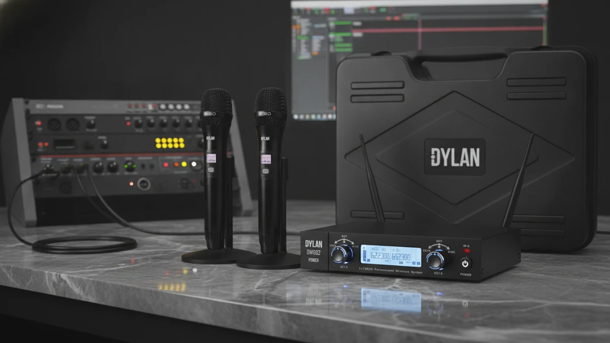 Microfone Dylan DW-902 Power em configuração de estúdio com equipamentos de áudio.