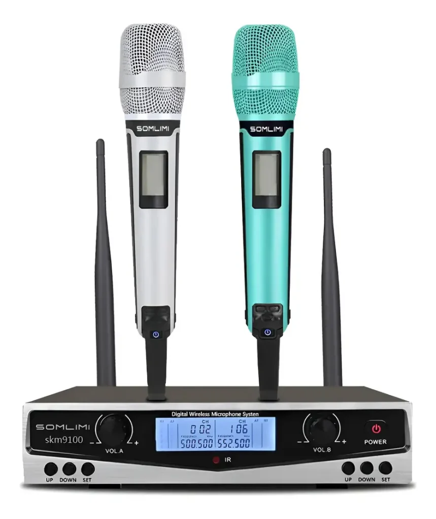 Sistema de microfones profissionais sem fio Somlimi Skm9100, com dois microfones de mão pretos e receptor.