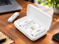 Kit de microfone sem fio BOYA branco com estojo de carregamento aberto sobre uma mesa de madeira, em um ambiente de criação de conteúdo.