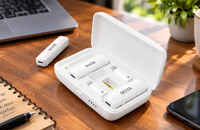 Kit de microfone sem fio BOYA branco com estojo de carregamento aberto sobre uma mesa de madeira, em um ambiente de criação de conteúdo.