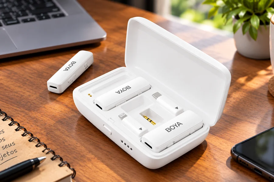 Kit de microfone sem fio BOYA branco com estojo de carregamento aberto sobre uma mesa de madeira, em um ambiente de criação de conteúdo.