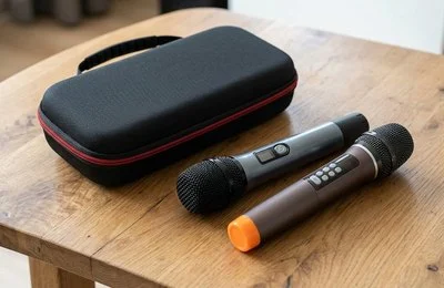 Estojo preto de transporte fechado sobre uma mesa, com dois microfones de mão sem marca ao lado
