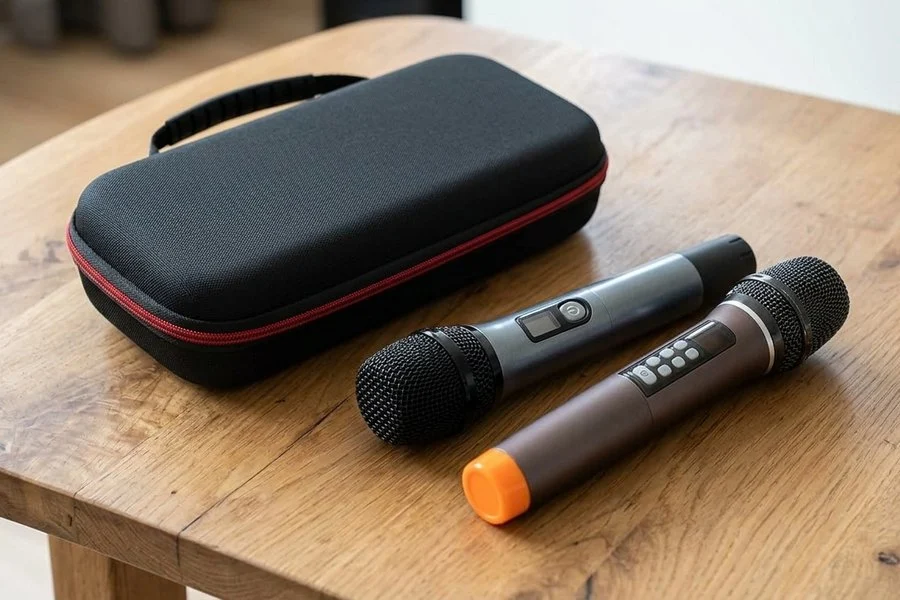 Estojo preto de transporte fechado sobre uma mesa, com dois microfones de mão sem marca ao lado