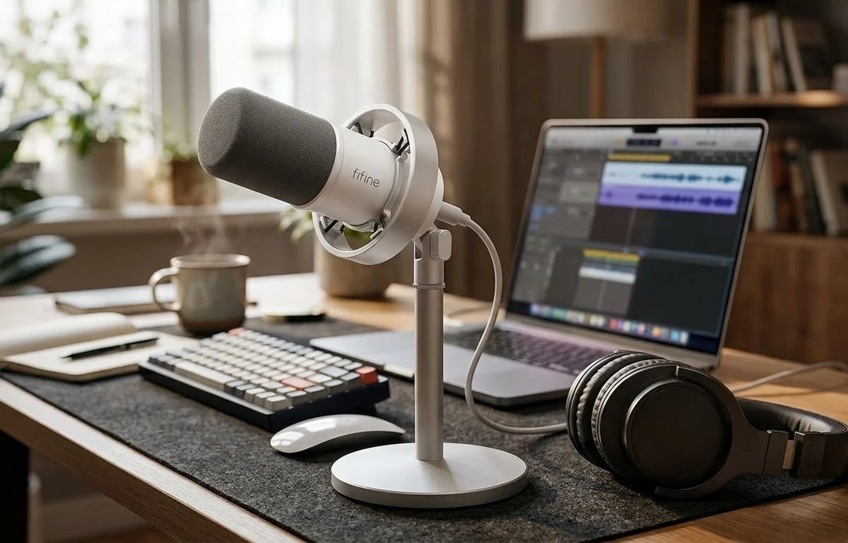 Microfone dinâmico genérico em suporte de mesa, ao lado de um fone de ouvido e de um notebook, em uma bancada de gravação