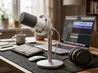 Microfone dinâmico genérico em suporte de mesa, ao lado de um fone de ouvido e de um notebook, em uma bancada de gravação