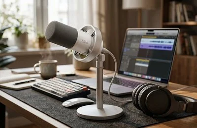 Microfone dinâmico genérico em suporte de mesa, ao lado de um fone de ouvido e de um notebook, em uma bancada de gravação