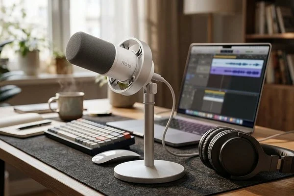 Microfone dinâmico genérico em suporte de mesa, ao lado de um fone de ouvido e de um notebook, em uma bancada de gravação