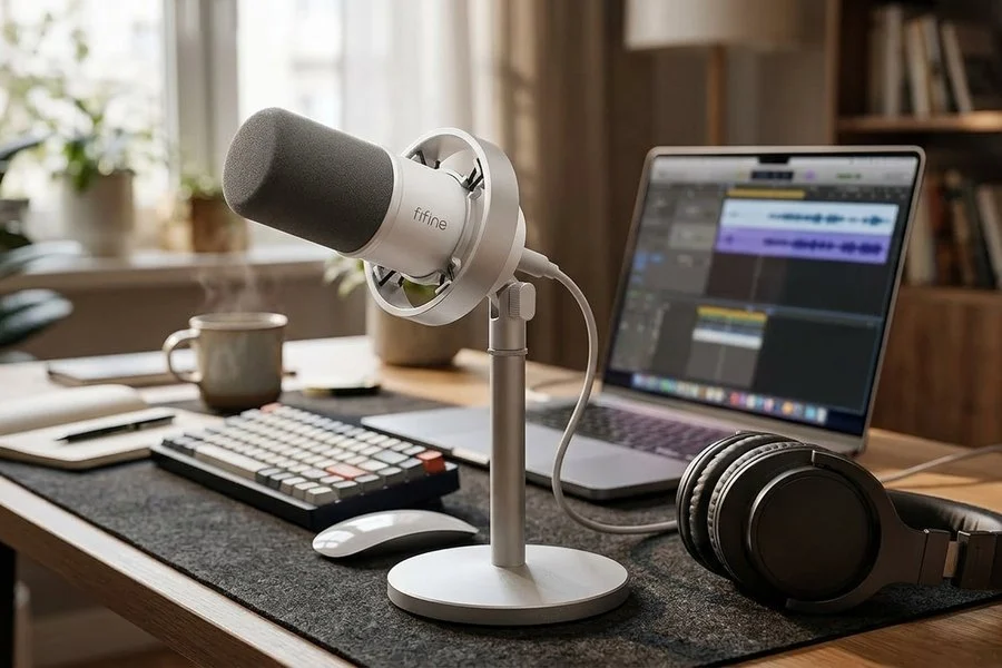 Microfone dinâmico genérico em suporte de mesa, ao lado de um fone de ouvido e de um notebook, em uma bancada de gravação